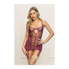 Metallic Lace with Mesh Gartered Chemise & Thong Plum