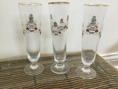 3 Lindemans Lambic Fluted Fruit Glass with Gold Rim Framboise Peche Kriek Pomme