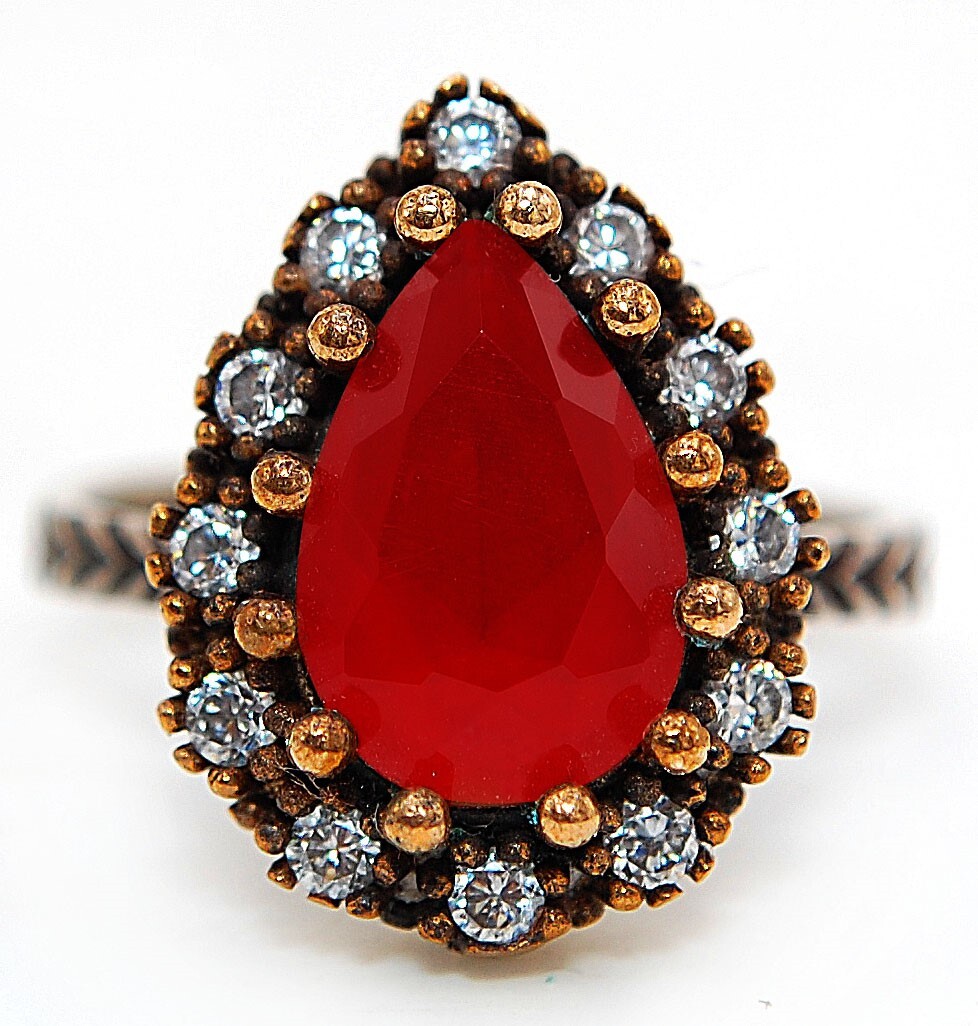 2CT Fire Garnet Sterling Silver Ring, Ottoman Empire Style, Sz 7.5 HB3-5