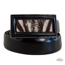 Authentic PRADA Black Patent Leather Silver Pony Buckle Logo Belt Size 34/85