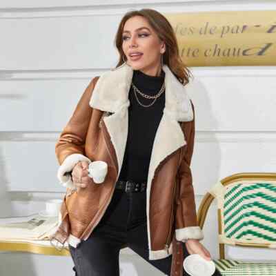 Women's Aviator Real Leather Jacket Coat Bomber B3 Sheep Skin Fur