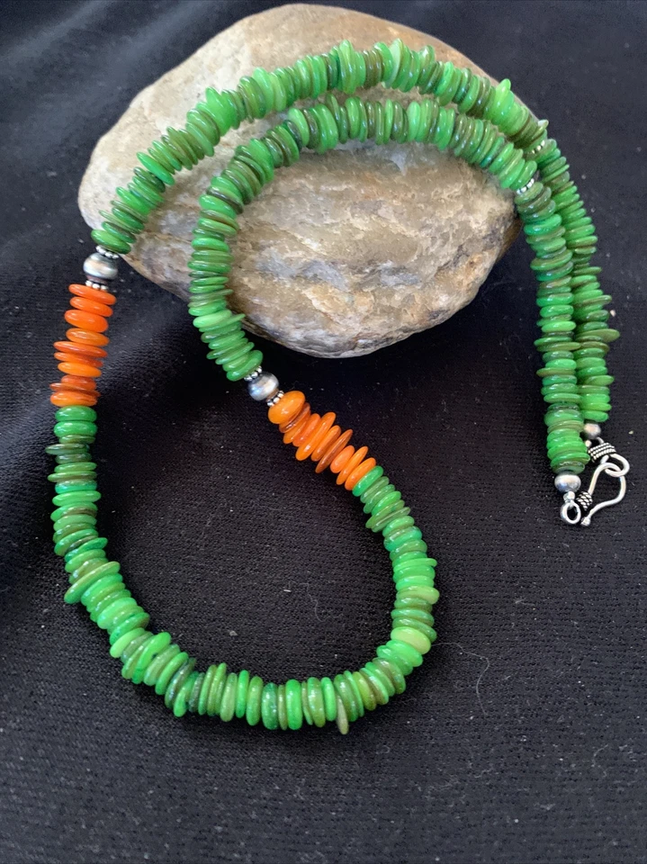 Collar Navajo Naranja Verde Madreperlas Plata Esterlina Cuentas 01054 Foto 4 de 4