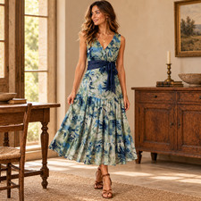 Y2K Jonathan Martin Womens Silk Floral Sash Tiered Midi Dress 14W Fairycore NWT