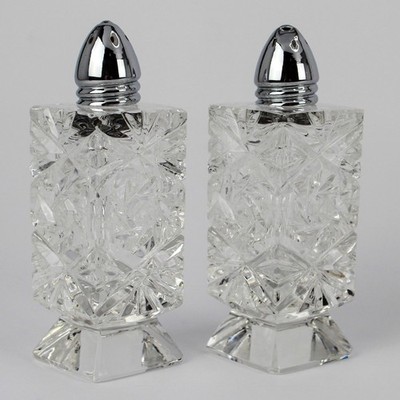 Cut Glass Crystal Salt Pepper Shakers Starburst Chrome Tops Vintage