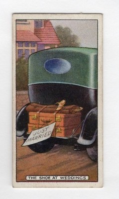  Popular Superstitions card 1930 #06 Shoe tied to car at wedding Anglo Saxon