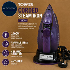 Tower T22008 CeraGlide Cordless Steam Iron 2400W Ceramic Soleplate Purple