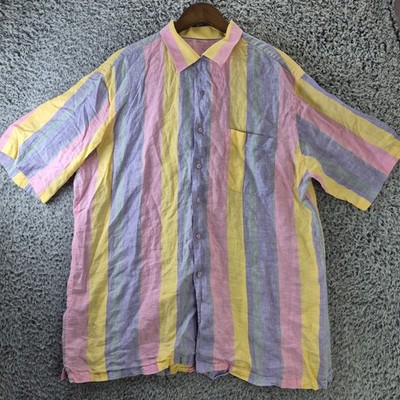 Bugatchi Uomo Shirt Mens XL Striped 100% Linen Short Sleeve Button Colorful 
