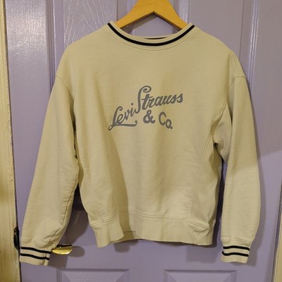 Women's Size S Levi's Heritage Sport Crew Neck Sweatshirt Cream + Blue Logo