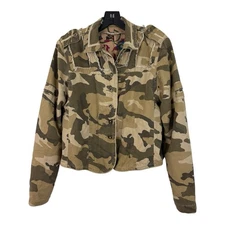 Da Nang Camo Cropped Jacket Sz Small Green Beige Cotton Pink Print Silk Lining