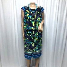 London Times Blouson Dress Womens Size 14W Black Purple Green Stretchy Office