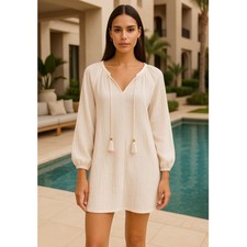 Johnny Was Calme Gauze Cotton Tunic Dress L Cream Long Sleeve Boho Lightweight