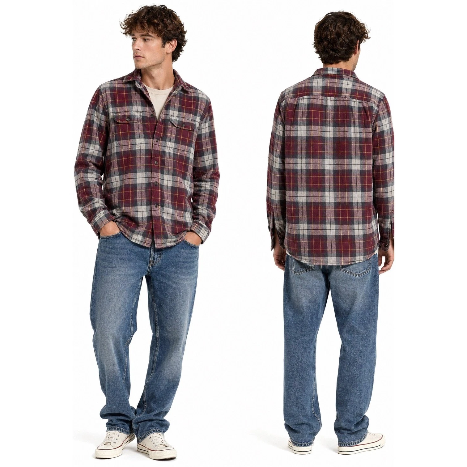 Eddie Bauer Flannel Shirt Mens Small Burgundy Plaid Classic Fit Button Down