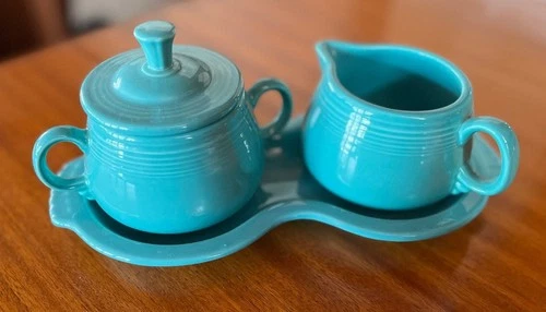 Fiesta TURQUOISE Sugar and Creamer Set With Tray, Near Mint