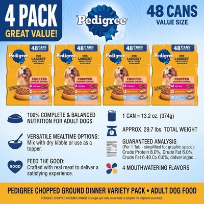 4-Pack Pedigree Chopped Ground Dinner, Variety Pack, Beef and Chicken 36 ct.