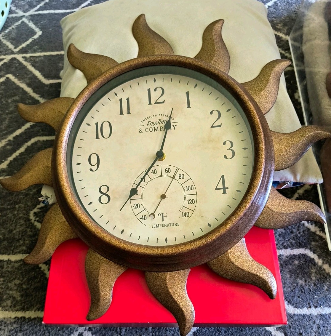 FirsTime & Company Sunburst Wall Clock w/ Thermometer, Quartz, Bronze Finish