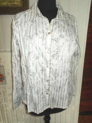 Chemisier coton/polyester Christine Laure T.5 44 rayé brillant brodé fleur rose - Photo 1/4