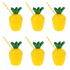 6 x Pineapple Shaped Cups & Eco Paper Drinking Straws Hawaiian Party Cocktails