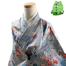 Kaerutei Shi4 Kimono, Synthetic Fiber, Washable Kimono, Gray, All-over