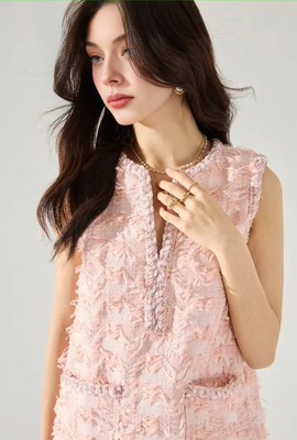 Handmade Tweed Boucle rosa Fransen V-Ausschnitt ärmelloses Kleid Gr. S, M, L