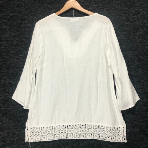 JM Collection Linen Tunic Top Crochet Trim V Neck 3/4 Sleeve White Women's L - Picture 5 of 7