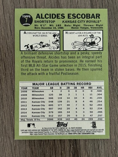 2016 Topps Heritage #7 Alcides Escobar - Kansas City Royals - Picture 2 of 2