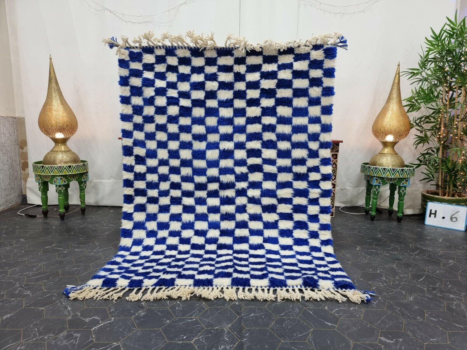 Moroccan Handmade Beni Ourain Rug 4'1''x5'4''  Berber Checkered White Blue Rug
