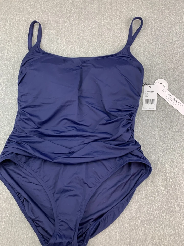 La Blanca Badeanzug Damen Größe 16 W marineblau Bauchkontrolle seidig glatt