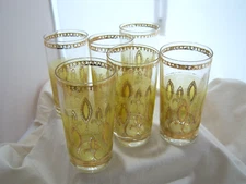 6 CULVER Valencia Glasses Fleur de Lis MCM Vtg Yellow Green 22k Gold Tom Collins