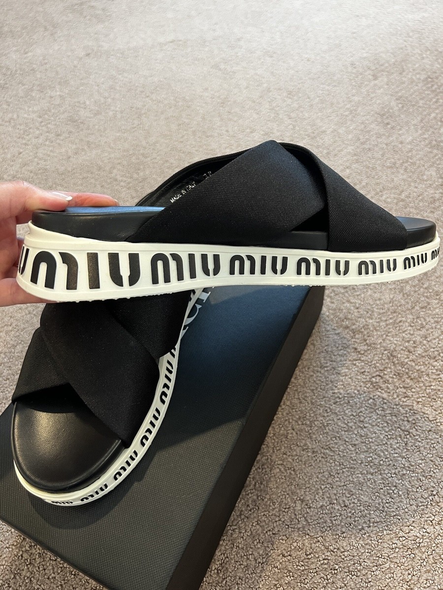 NIB MIU MIU PRADA BALTIC Black SATIN SANDALS FLATS 38 | eBay