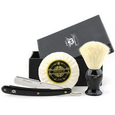 Badger Hair Shaving Brush Set with Straight Edge Razor Soap & Bowl Perfect Gift