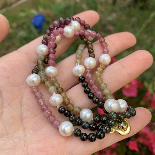 4-4.5mm natural multi-color Tourmaline 7-8mm AA+ freshwater Pearl neckalce 58cm - Bild 10 von 12