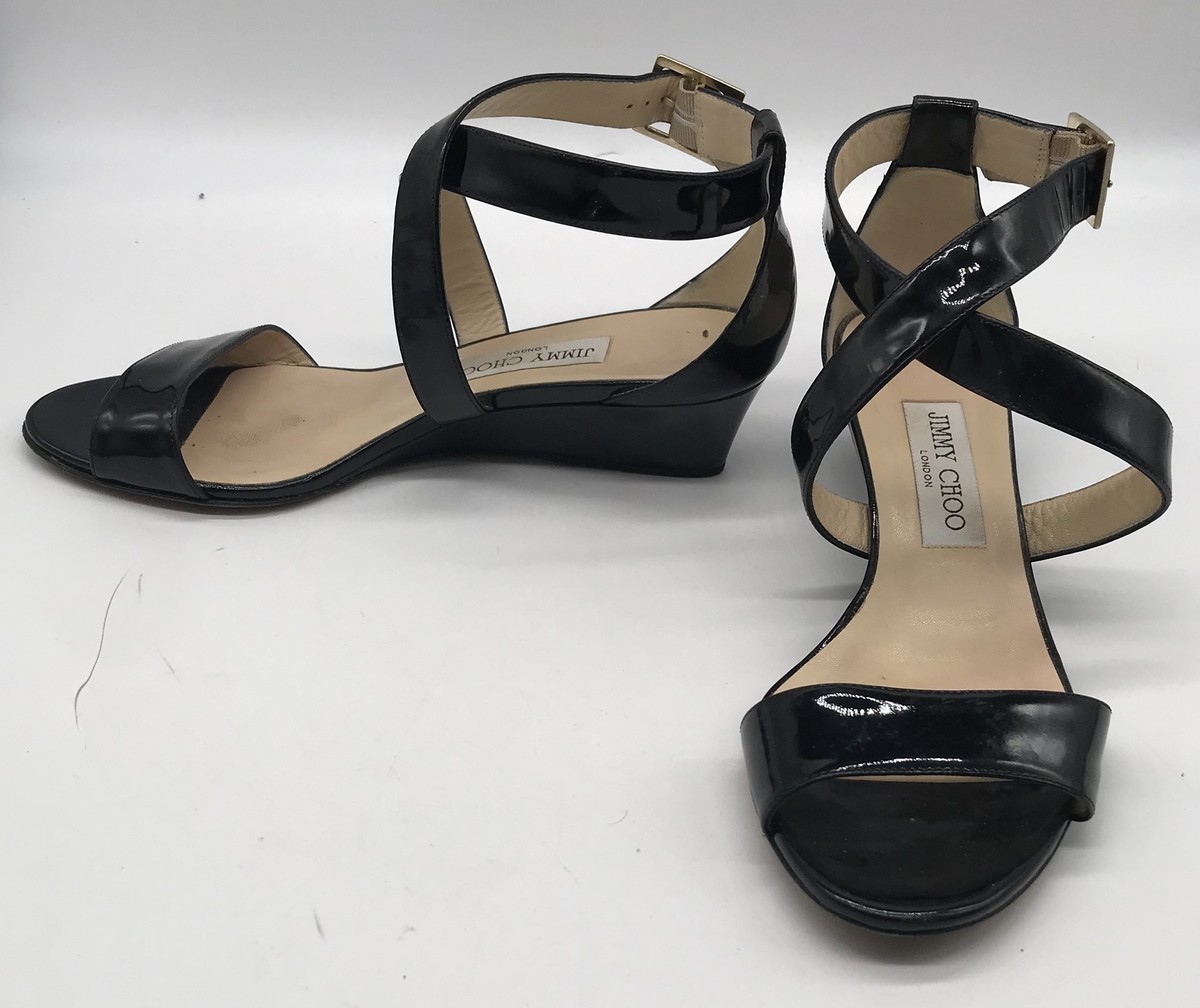 Jimmy Choo black patent strappy wedge sandal sz 38