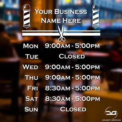 CONCEPT GRAPHICS Barber Shop Personalised Custom Opening Hours Window Sign Vinyl Decal Sticker