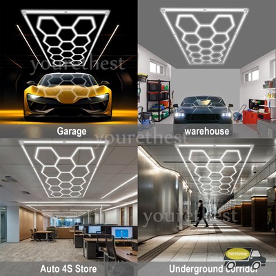 14 HEX Hexagon LED Garage Lights Hexagon Lighting Car Detailing Shop With Border
