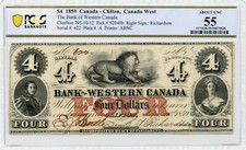 1859 $4 The Bank of Western Canada - Clifton, Canada West - PCGS AU 55