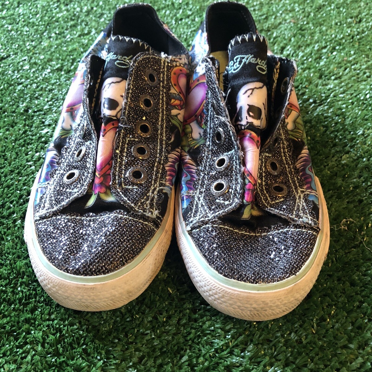 Ed Hardy SLR GLITTER SHOES GRAY WHITE WITH DESIGNS US 2 EU 33 UK 