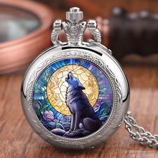 Vintage Style Pocket Watch Full Hunter Quartz Wolf Stained Glass Design