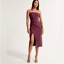 Abercrombie & Fitch Strapless Crepe Drapey Slit Midi Dress in Plum Small Petite
