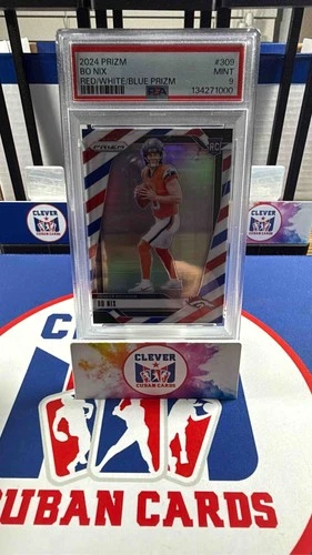 110.) 2024 Panini Prizm Bo Nix #309 Red White and Blue RC Broncos PSA 9