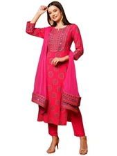 GoSriKi Women's Cotton Blend Printed Straight Kurta with Pant & Dupatta