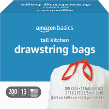 Trash Bags, Tall Kitchen Drawstring, Unscented, 13 Gallon, 200 Count, Pack of 1