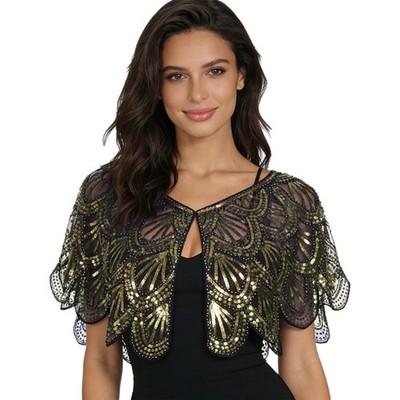 Damen Pailletten Cape Abend Party Schultertuch Crop Top Jacke Hochzeit Festzug