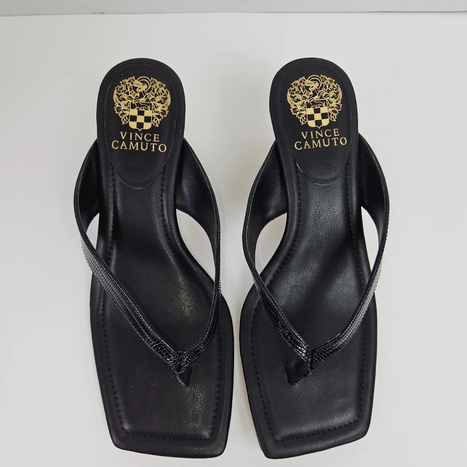 Vince Camuto Venantha 8M Black Gold Glossy Lizard Leather Kitten Heel Sandals - Image 2 of 4