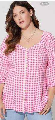 TORRID FITFLARE BUTTON UP 3/4 SLEEVE RETRO GINGHAM CABARET PINK TOP 1X 14/16 NWT