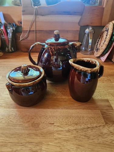 Vintage Hull Pottery Brown Drip Glaze Teapot, Sugar Bowl, & Creamer USA