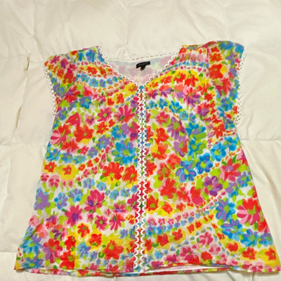 Talbots Women's Multicolor Floral V-Neck Short Sleeve Button Lace Blouse S