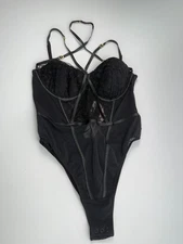 Victoria's Secret Padded Floral Lace Teddy Snap On Bodysuit  Black  Size XL NWT