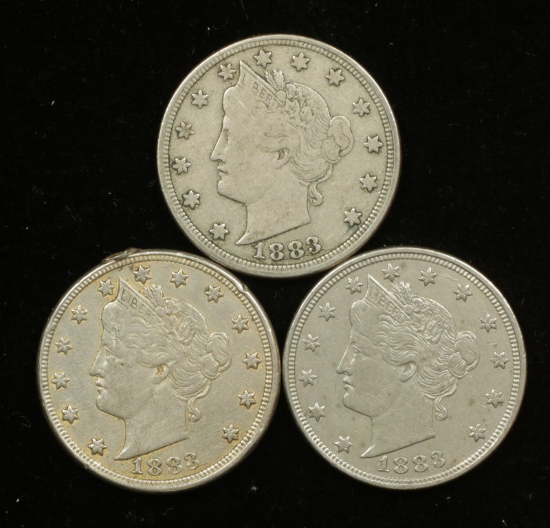 3pc 1883 Liberty V Nickel Lot No Cents VF-XF Circulated (#SLC00441)