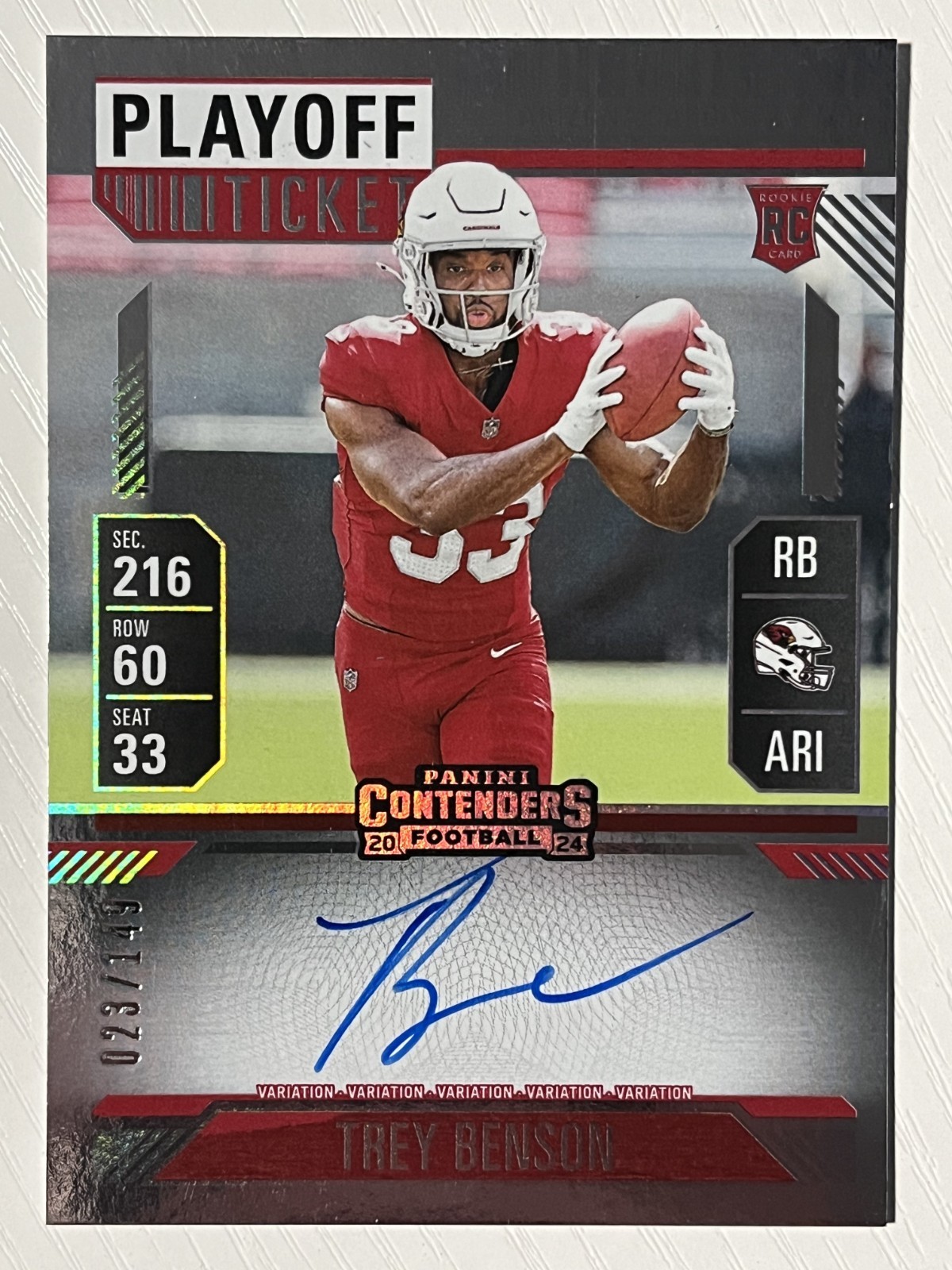 Trey Benson 2024 Panini Contenders Rookie Auto Playoff Ticket 023/149 Cardinals