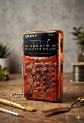 VINTAGE SONY FM/AM ICF-S14 PORTABLE RADIO Raro Pintado En Japan Artist